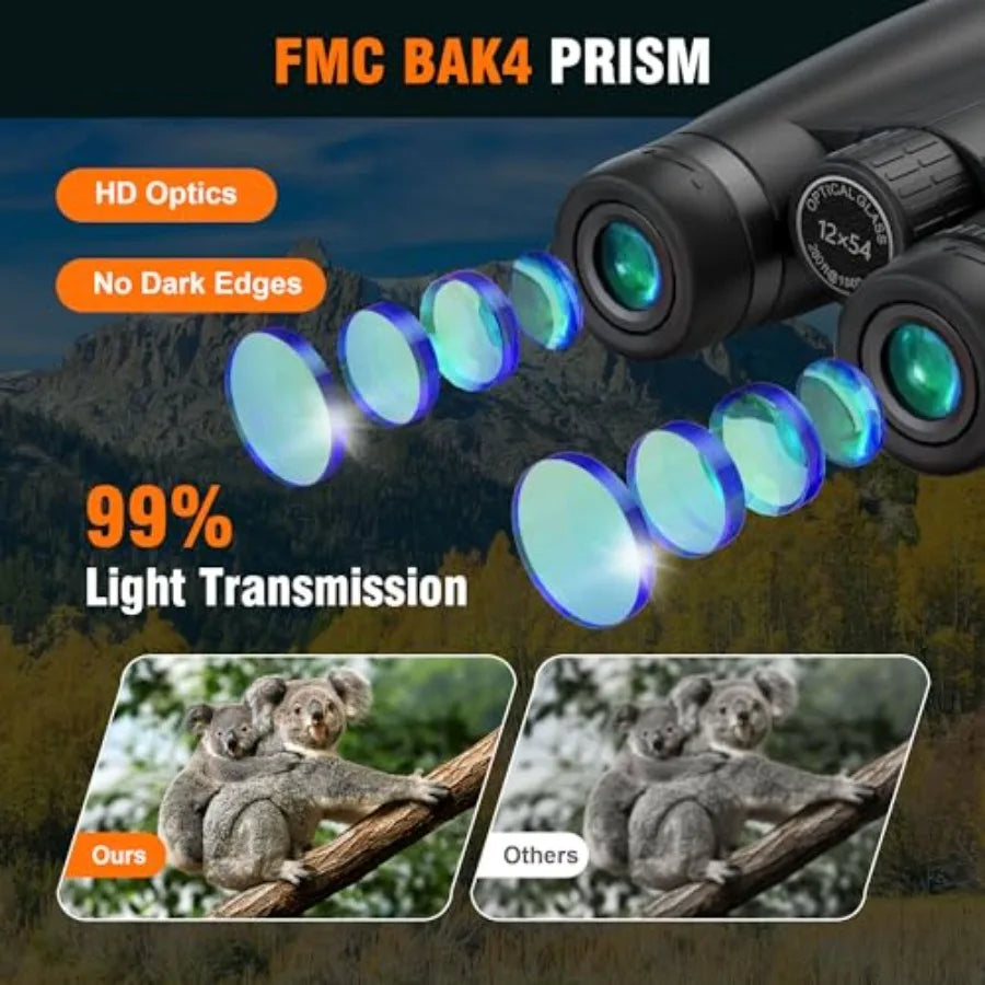 Bird watching, hiking, stargazing - BAK4 prism binoculars, black, high-powered 12x54 HD with clear low-light vision and waterpr