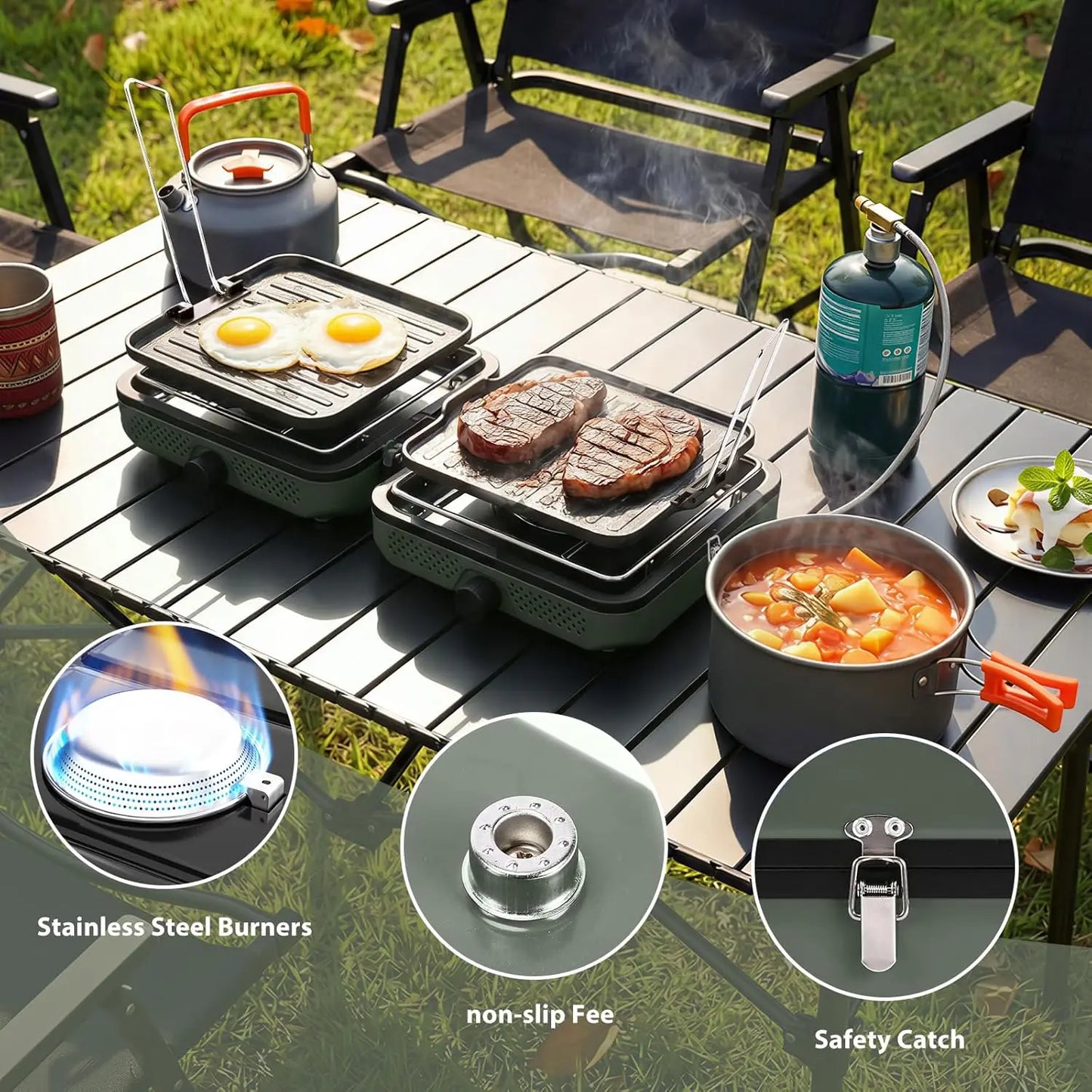 2 Burner Propane Camping Stove, 30000 BTU Portable Dual Griddles with Carry Bag, Outdoor Cooking Set for Camping Gear, RV, Tailgating, Green