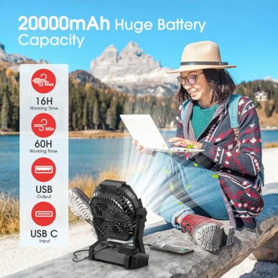 Portable Fan Rechargeable, 20000mAh Cordless Battery Powered Fan with LED Lantern Battery Operated for Camping Travel Bedroom H