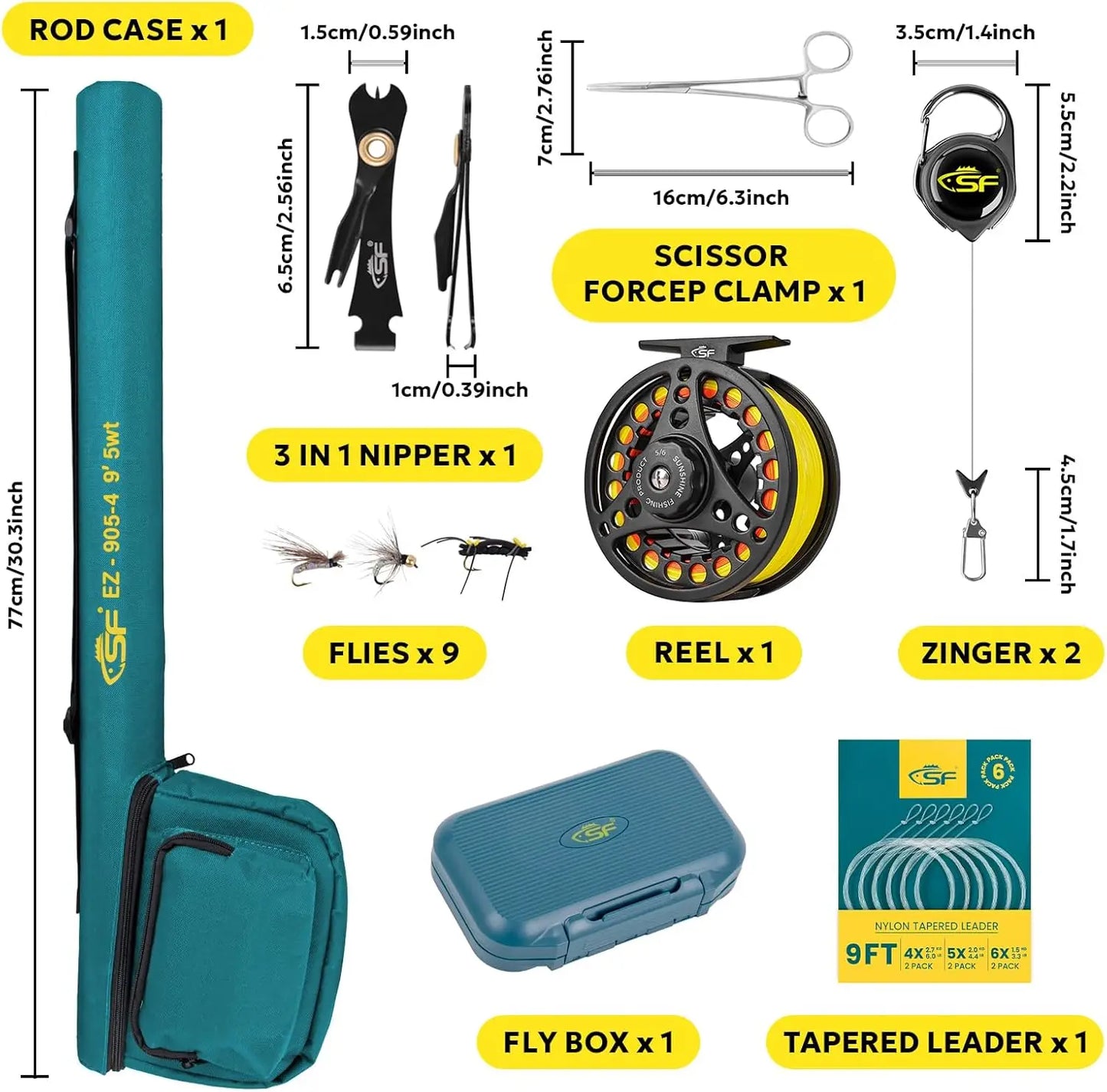 SF Fly Fishing Rod Combo Starter Kit Semi Gloss Green Jade Finish 24T Carbon Fiber Trout Travel Fly Rod with Reel, Case, Box, Flies, Leader, Tools