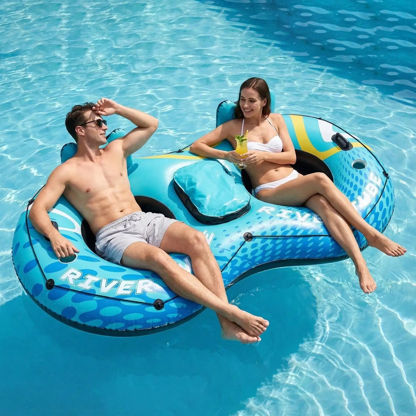 2-Person Inflatable River Tube Float With Built-In Storage Bag For Ice, Double Pool Lounge Chair With Backrest & Cup Holders, Breathable Water Floating Raft For Pool Lake Beach Summer Water Party, 2 Pattern Options., Pool Inf