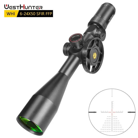 WestHunter WHI 6-24X50 SFIR FFP Scope First Focal Plane Riflescope Big Parallax Wheel R&G Illuminated Lock Reset Sights