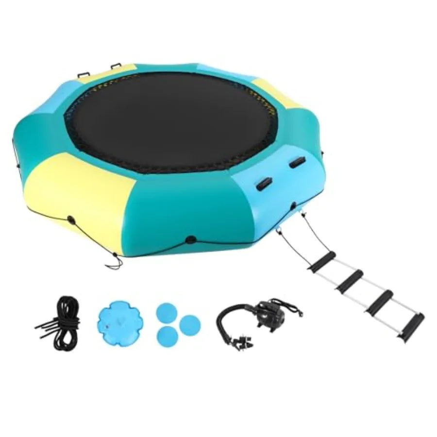 Inflatable Water Trampoline For Lakes And Pools, PVC Material, Blue And Yellow, Heavy-Duty Bounce Platform With Electric Inflat