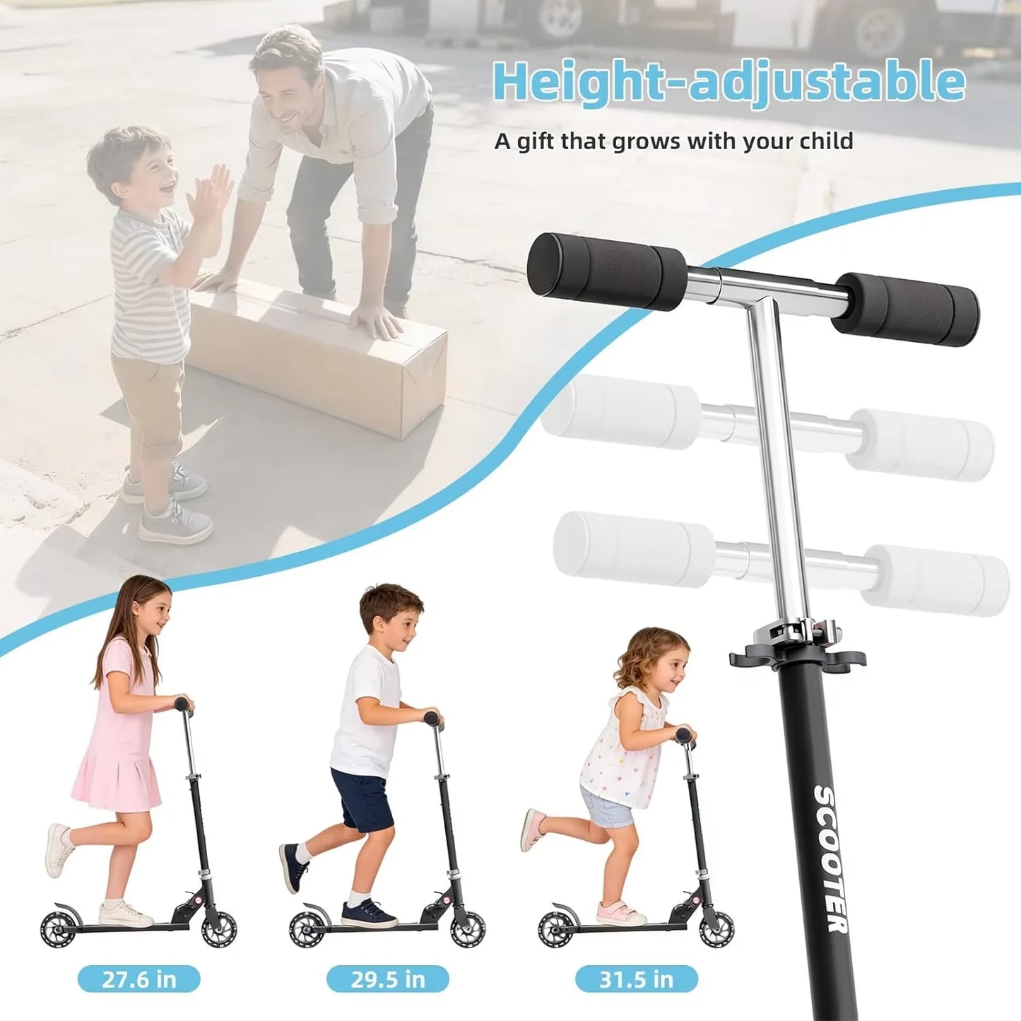 Foldable Kids Kick Scooter for Boys & Girls Ages 3+, 3-Level Adjustable Handlebar, Light-Up ABEC-10 Wheels Kick Scooter with Rear Brake, Suitable for Kids and Teens