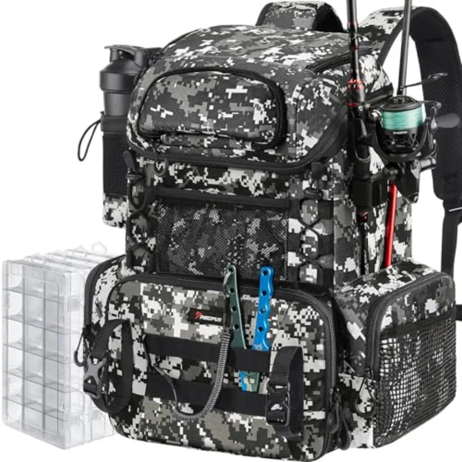 Fishing Tackle Backpack with Rod Holders and 4 Tackle Boxes, 42L Outdoor Fishing Bag with Waterproof Rain Cover