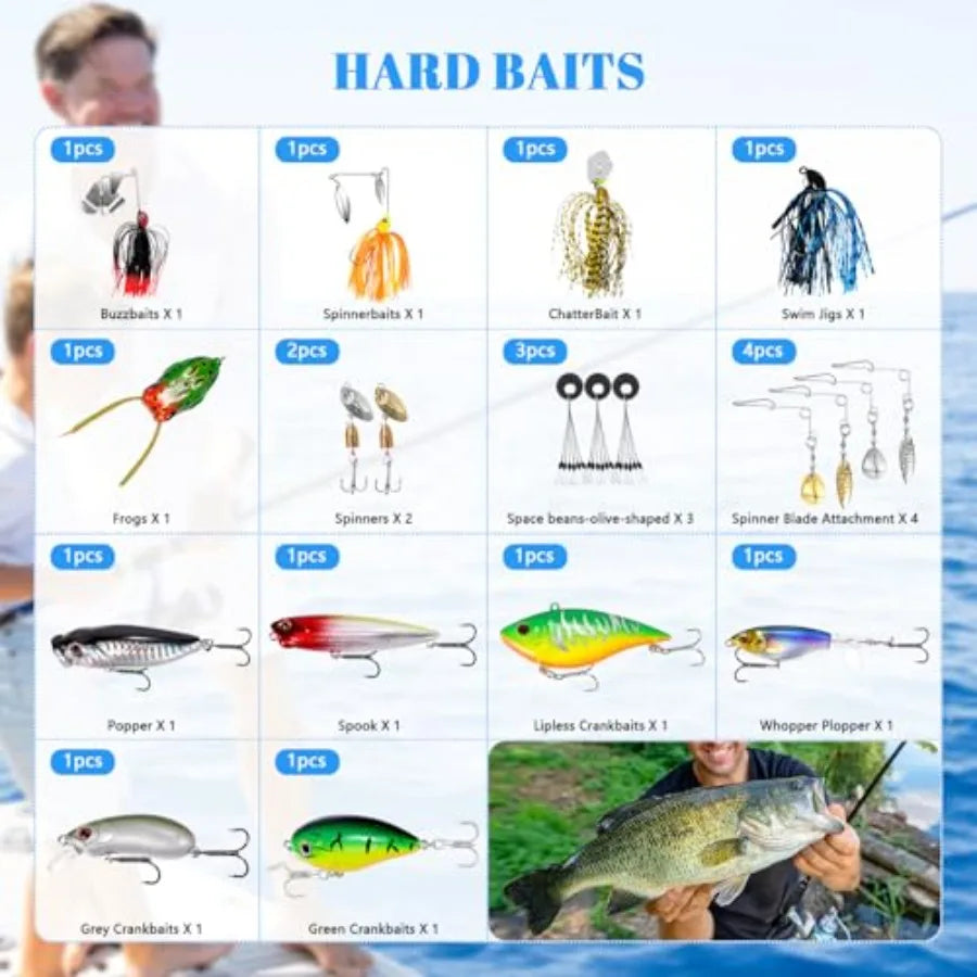 322-Piece Fishing Lures Kit - Buzz Bait/Spinner Baits/Jig/Frog, Fishing Tackle Box with Tackle Included, Soft Bait/Hooks/Weight
