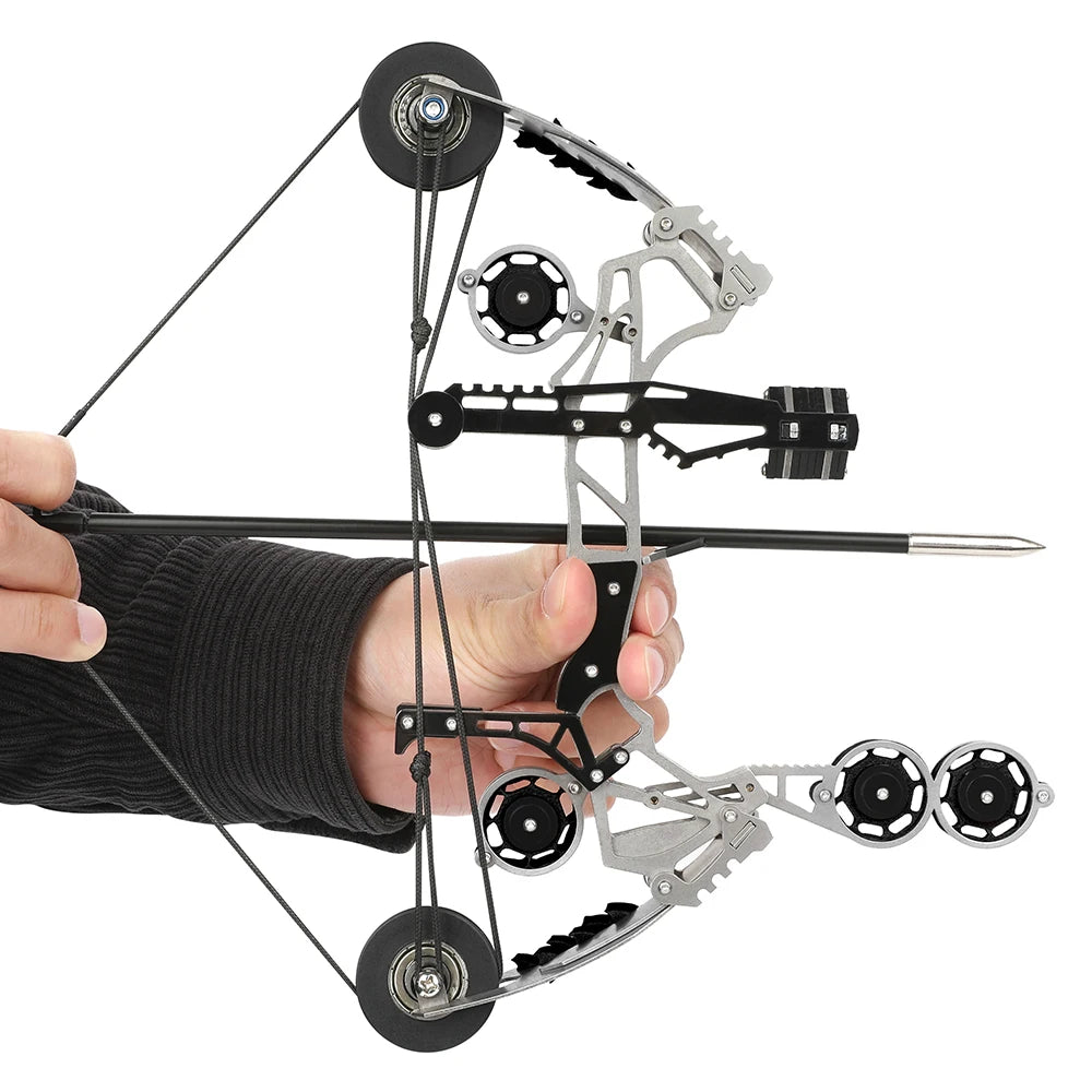 Mini Compound Bow 11-inch 10lbs Stainless Steel Pocket Bow with 4/8pcs Arrows Compact Portable Design for Sports Shooting Entertainment Gift Beginner Target Practice Indoor Outdoor Archery Accessories