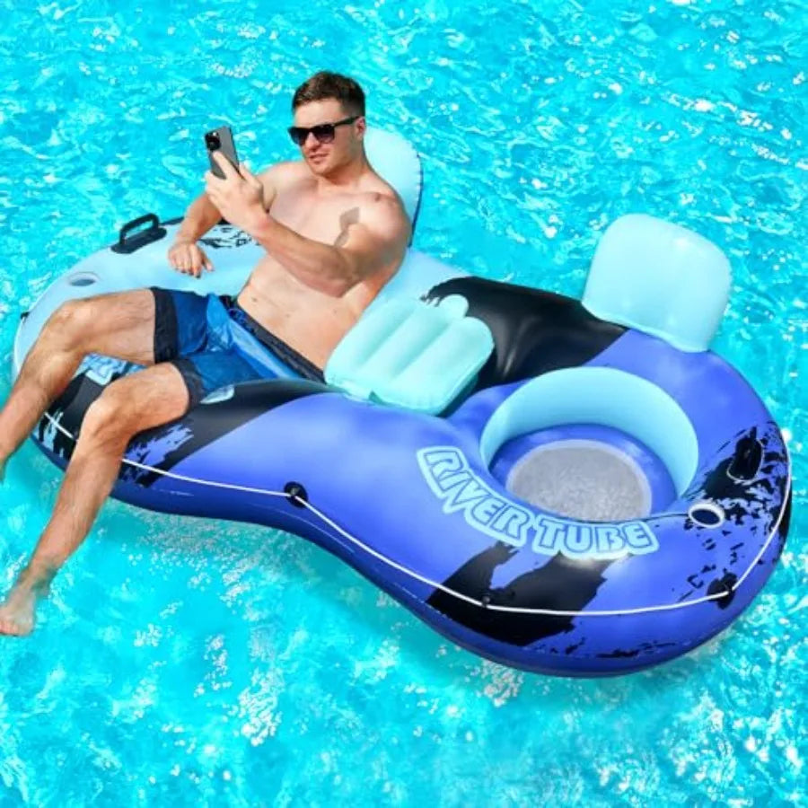 Heavy Duty Double River Tube, 2-Person Inflatable Floating Tube with Backrest, 2 Cup Holders, Handles, Oversized Inflatable Poo
