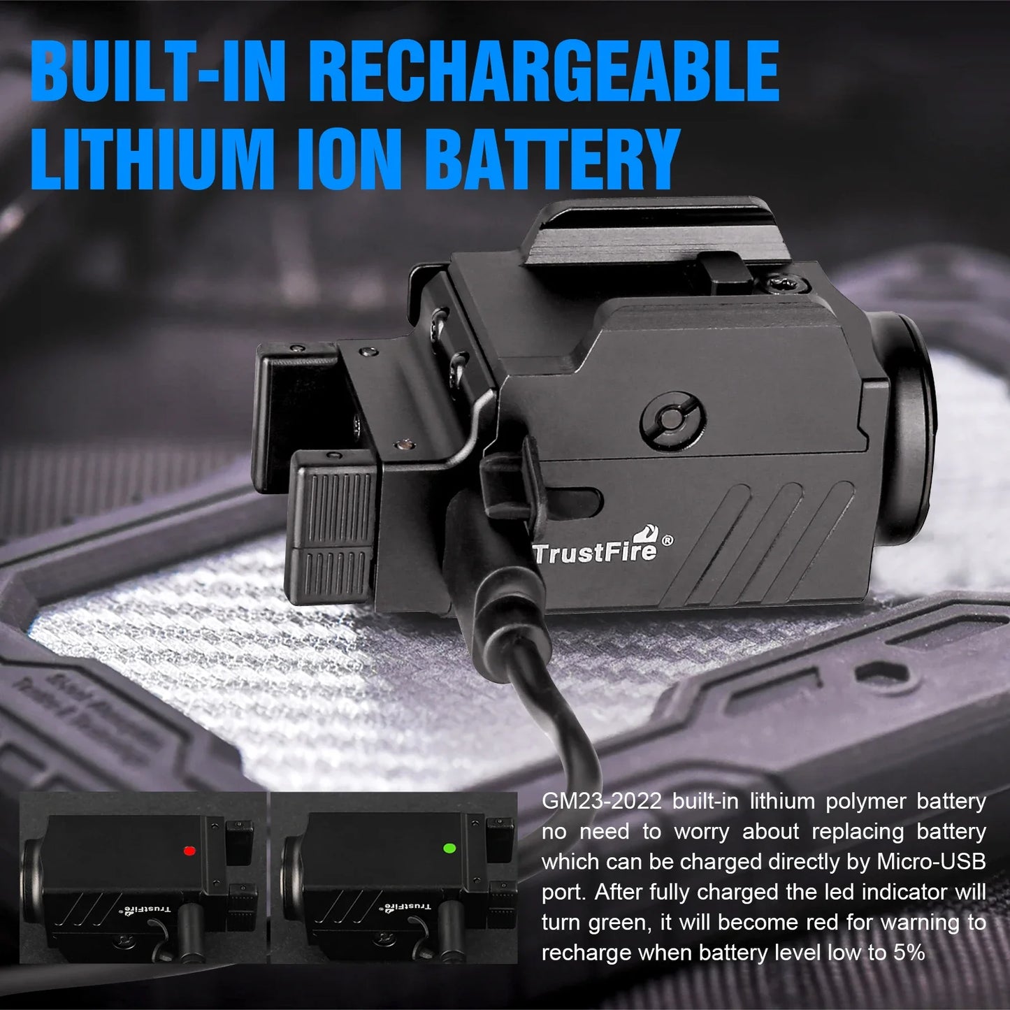 Trustfire GM23 Tactical Led Flashlight 800LM Rail Mounted USB Rechargeable Quick Release Light for Taurus Glock 17 19 TX2