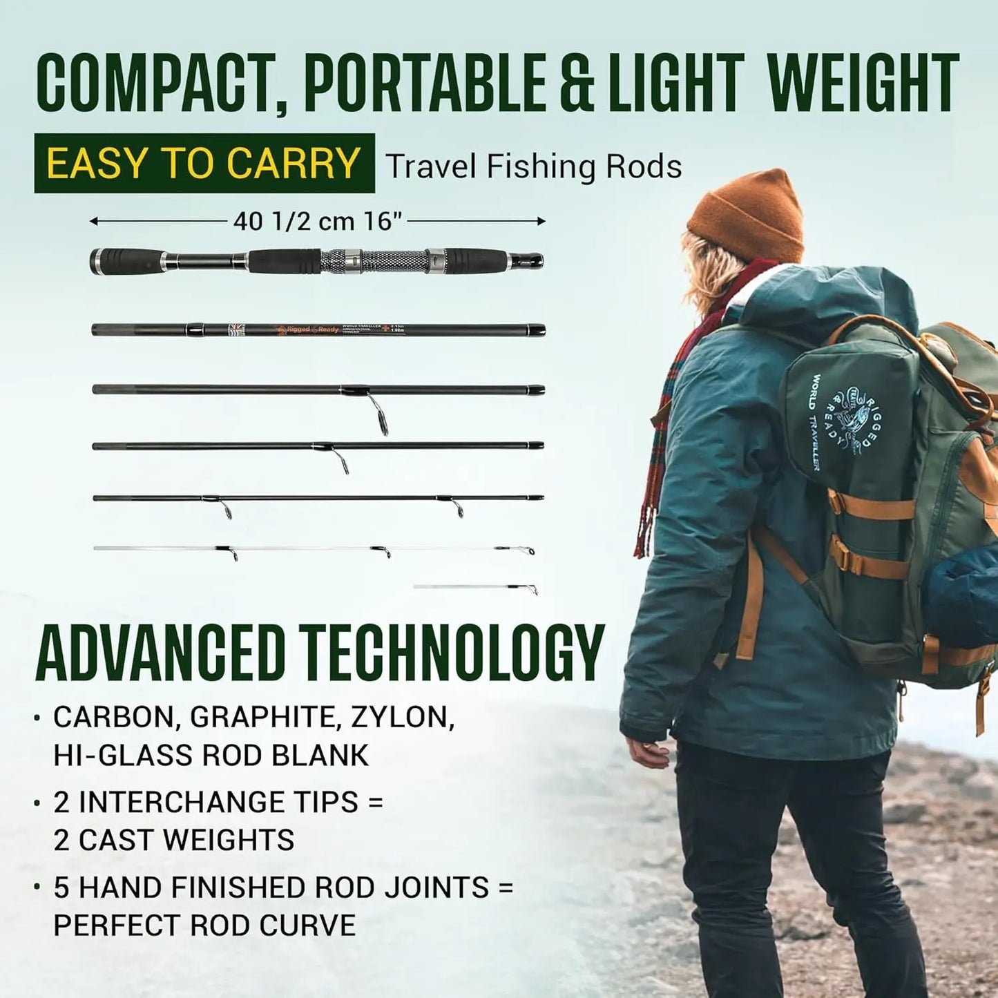 Super Compact Travel Fishing Rod and Reel Combo - 7ft Spinning Rod, 4 Tips, Saltwater Freshwater, Carry Case