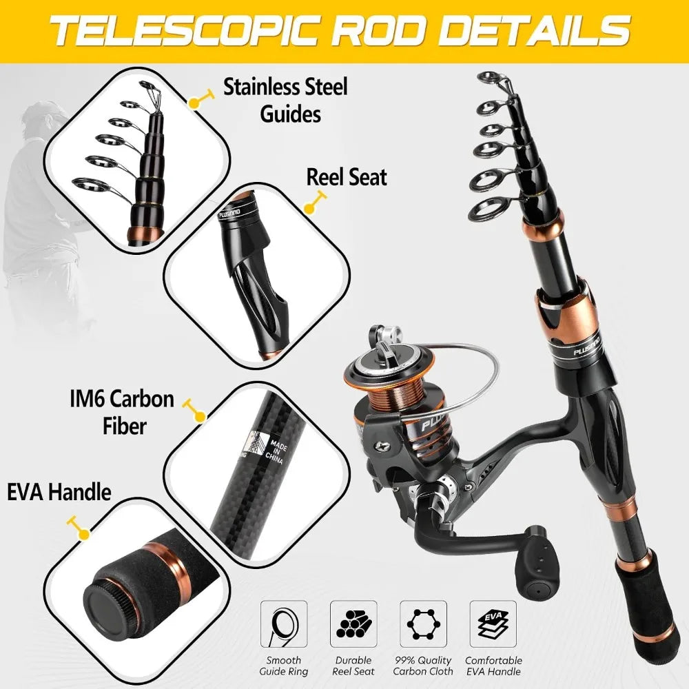 Telescopic Fishing Rod & Spinning Reel Combo, IM6 Carbon Fiber, 12+1 Bearings, Travel Gear