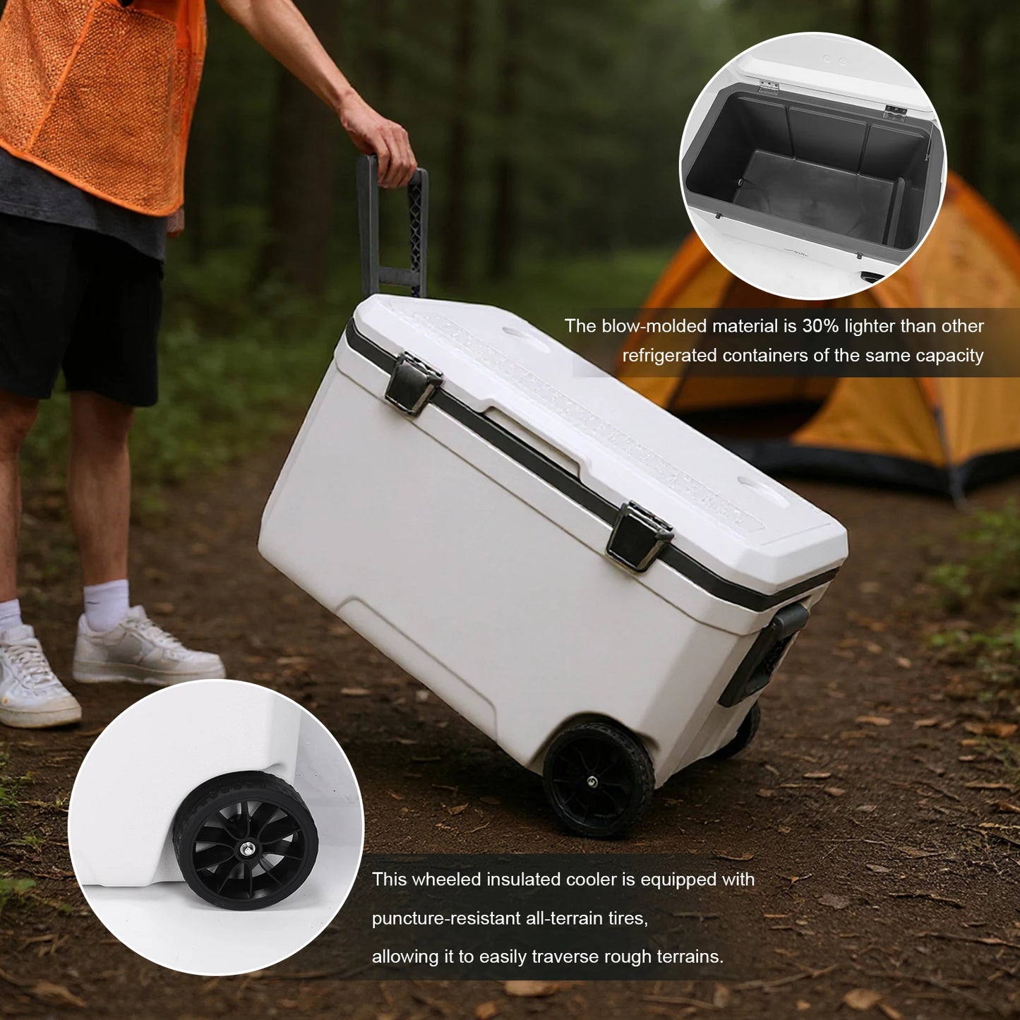 70L Camping Cooler Hard Shell Portable Car Wheel Insulator Plastic Cooler Box 30 Percent Lighter Than Rotomolded for BBQ Camping