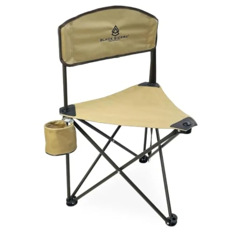 Black Sierra Tri-Lite Folding Stool with Backrest and Cup Holder, Lightweight Portable Hunting Fishing Chair with Carry Strap,