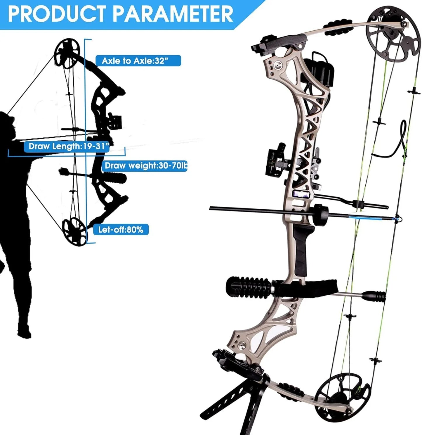 Archery Compound Bow 30-70lbs M129 320fps 80% Let-off Magnesium Alloy Riser for Right Hand Beginners Target Hunting Practice