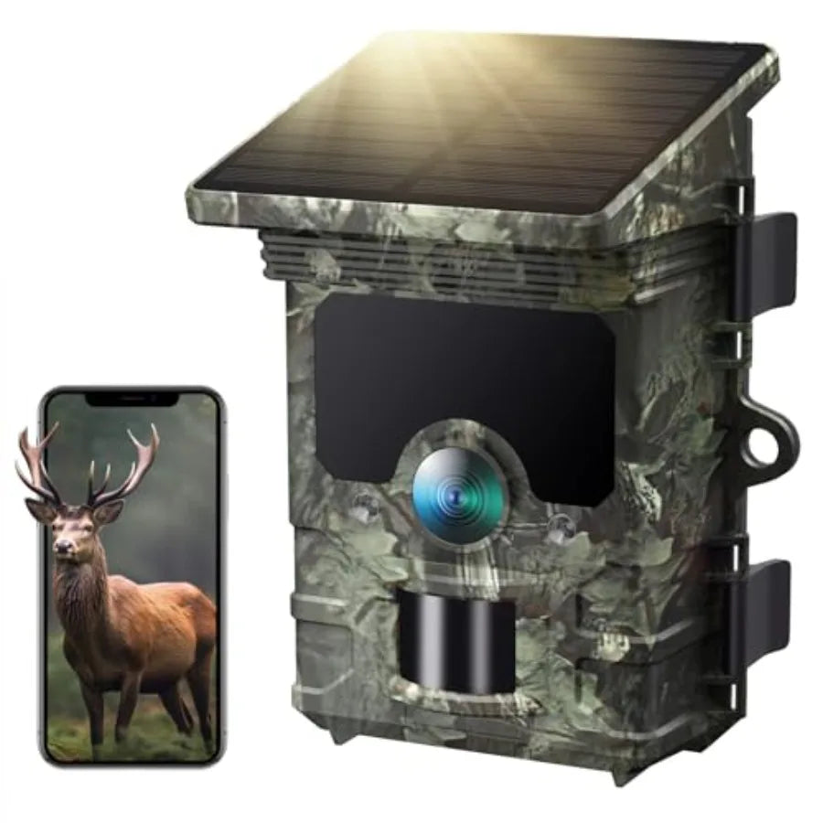 Outdoor wildlife trail camera with 4K/85MP resolution, solar-powered WiFi/Bluetooth connectivity, black IP66-rated housing, bui