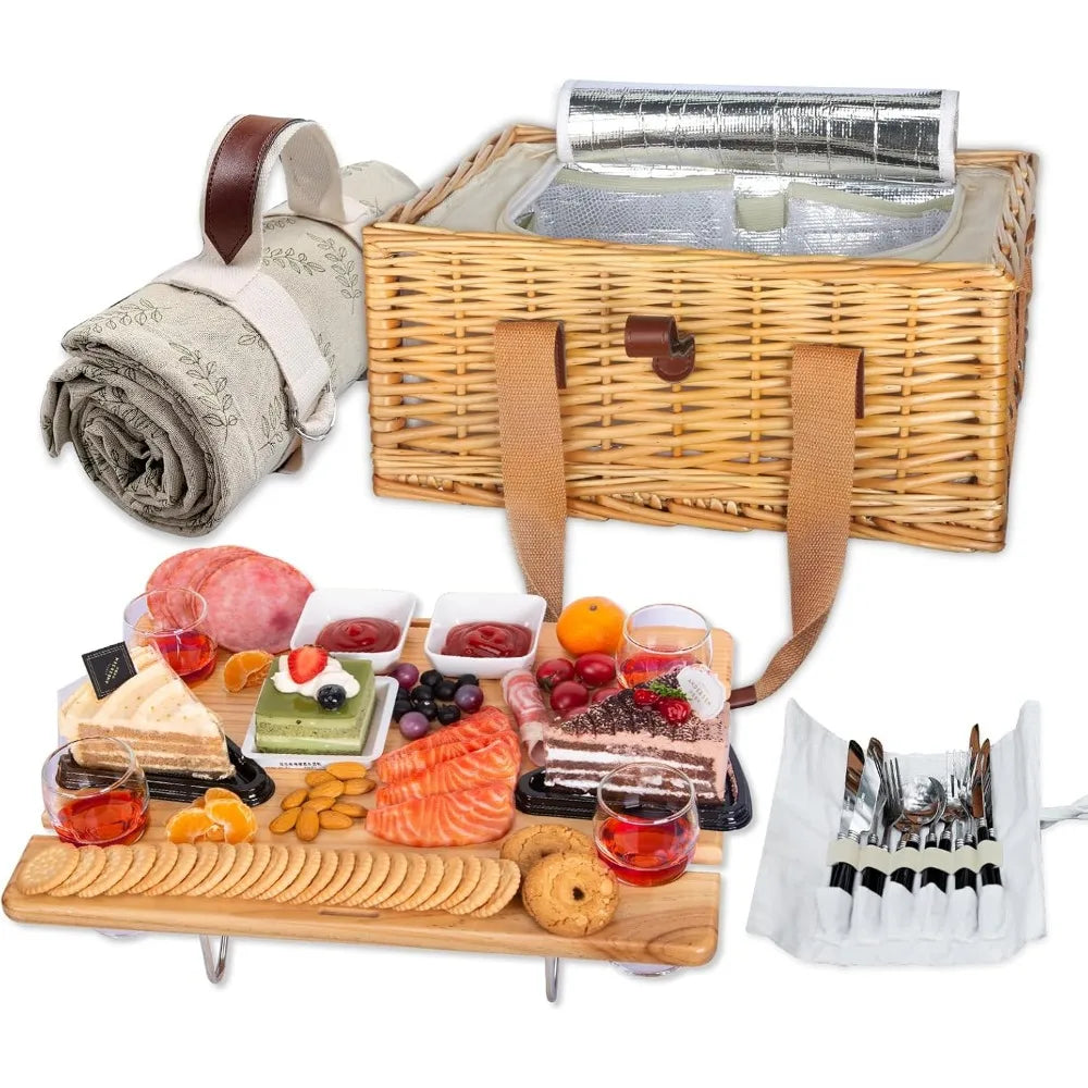 Wicker Picnic Basket Set for Four with Folding Wine Table Insulated Cooler and Cutlery Kit