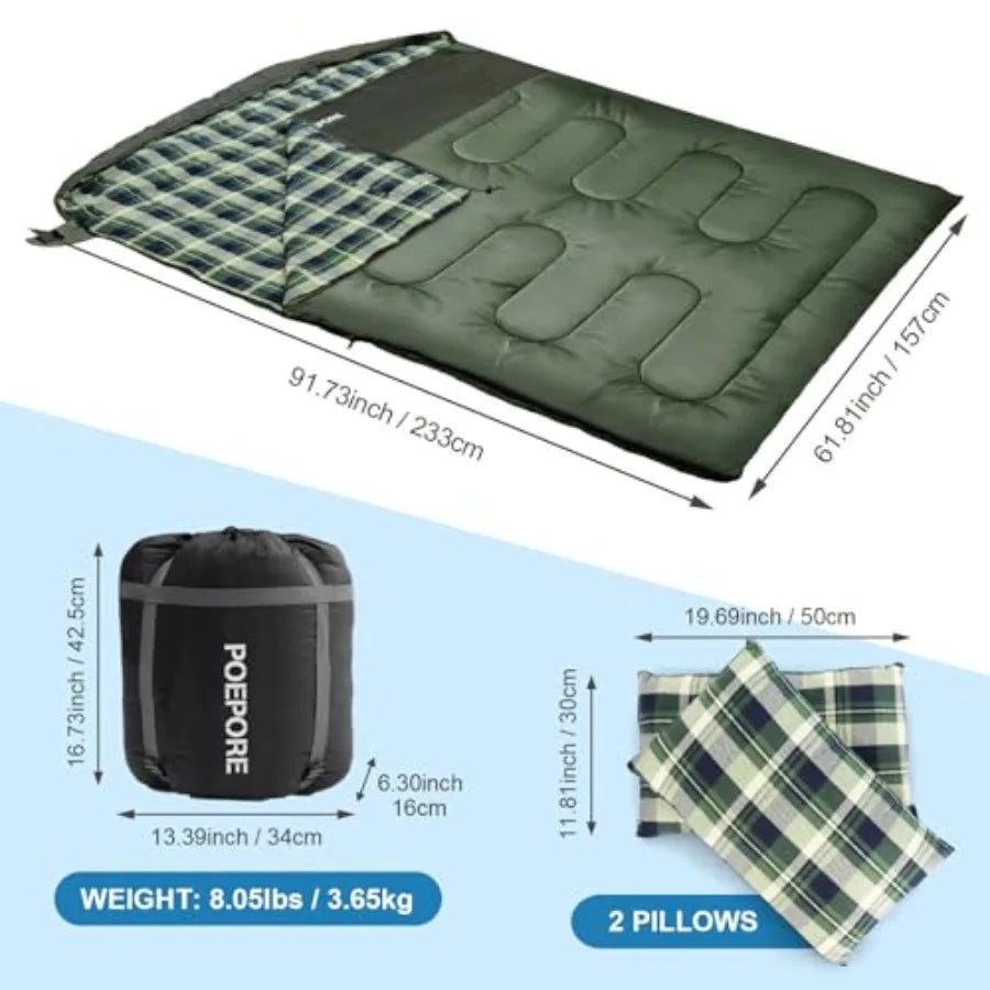 Double Sleeping Bag Flannel for Adults with 2 Pillows 2 Person Sleeping Bags Camping XXL Queen Size Two Person Sleeping Bag for