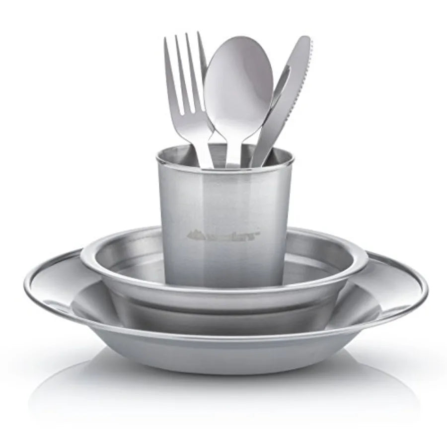 Unique Complete Messware Kit Polished Stainless Steel Dishes Set Tableware Dinnerware Camping Buffet Includes - Cups Plates Bow