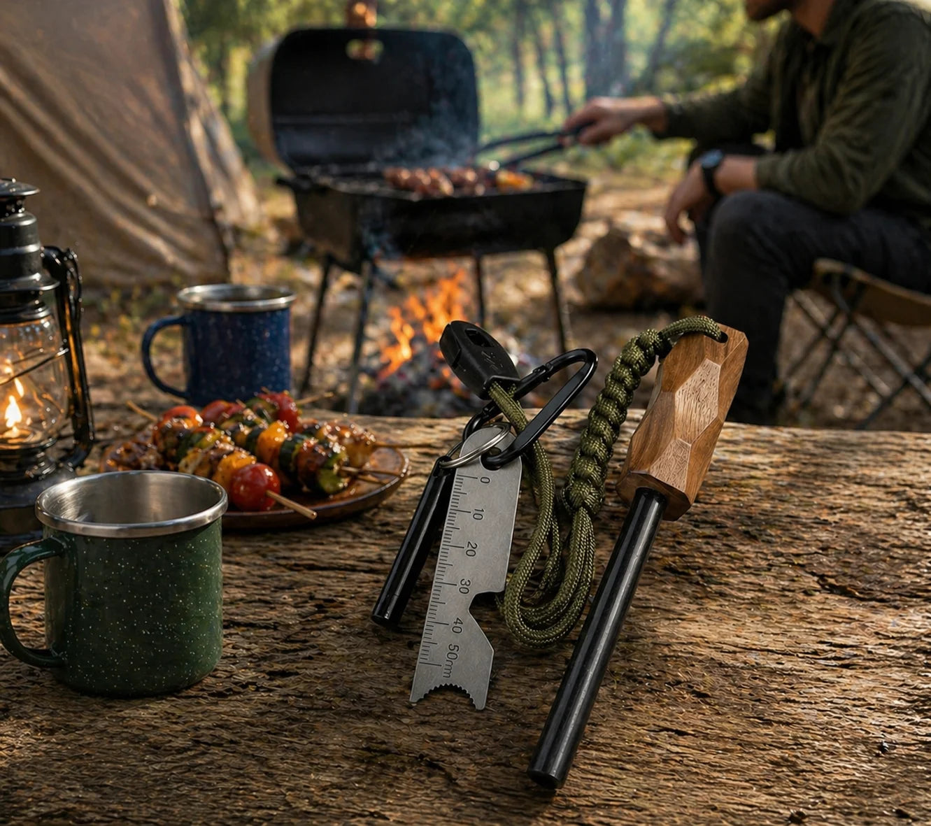4-piece set, wooden handle magnesium ignition stick, multifunctional scraper, hanging rope whistle, climbing buckle, waterproof and durable, emergency ignition, suitable for outdoor camping, hiking, wilderness survival, magne
