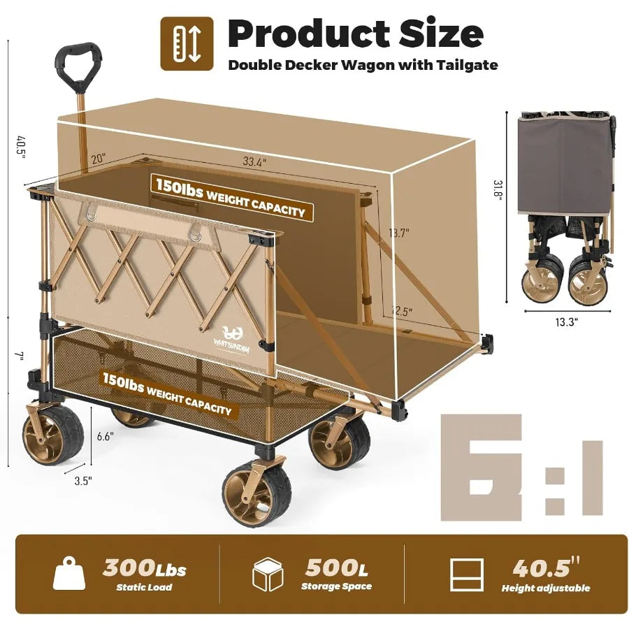 Double Decker Wagon Heavy Duty Foldable Large Beach Wagon Cart with AllTerrain Big Wheels for Sports Camping Outdoor Khaki