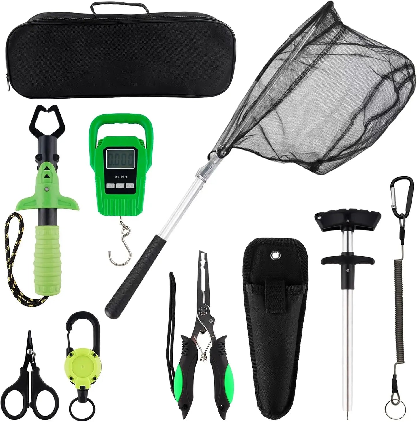 10Pcs Fishing Accessory Tool Set Foldable Landing Net Pliers Gripper Scale Scissors with Carry Bag Outdoor Angling Gift