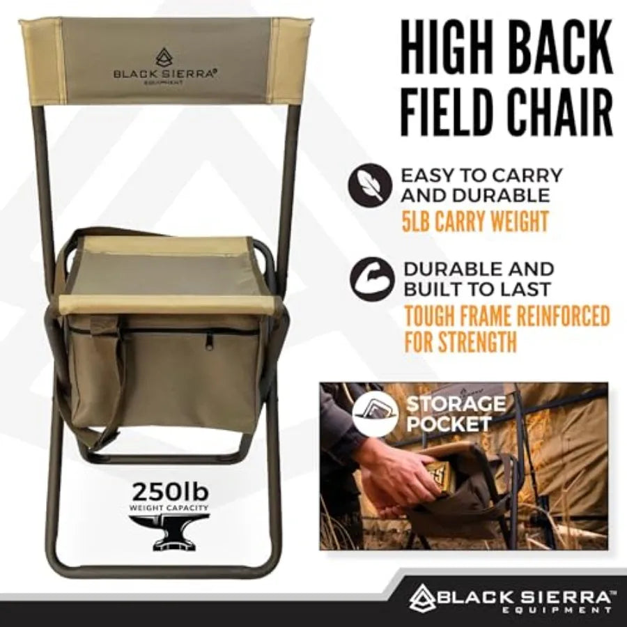 Black Sierra Folding Hunting Stool w/Under Seat Storage Pouch and Carry Strap, Lightweight Portable Hunt Chair w/Backrest, Heav
