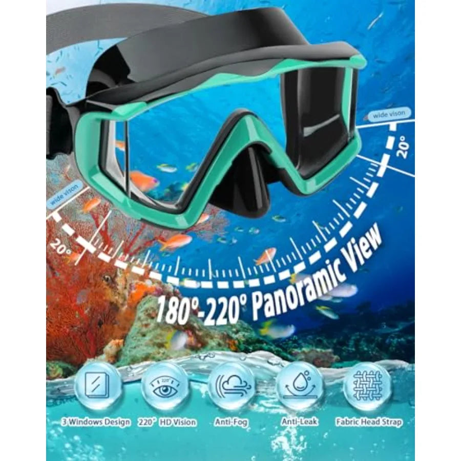 3 Window Snorkeling Gear for Adults, 4 in 1 Snorkel Mask Fins Set with Snorkel Mask, Dry Top Snorkel, Adjustable Short Fins and