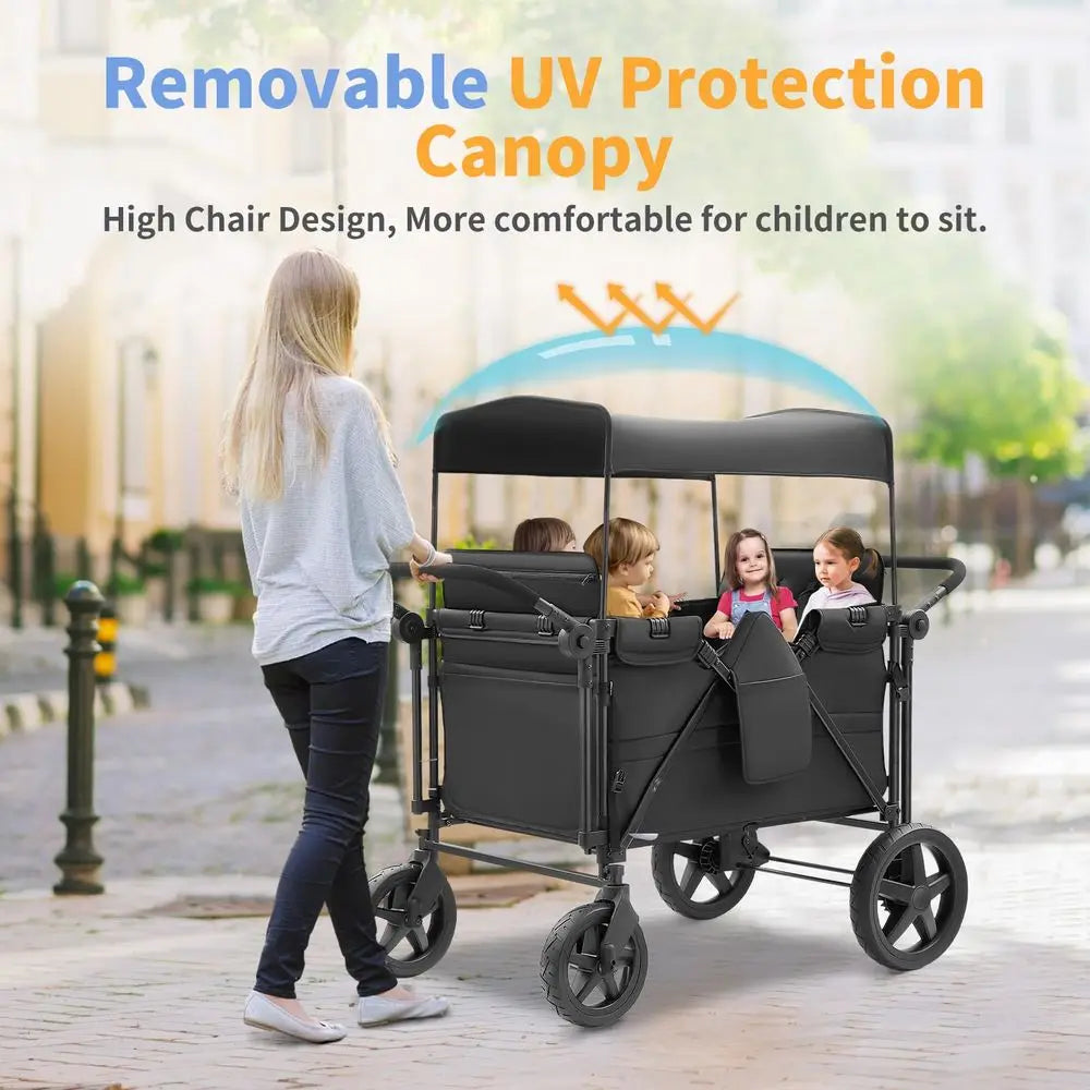 Wagon for 4 Kids, 4 Seater Wagon Stroller Featuring 4 High Seat with 5Point Harnesses and Adjustable Canopy, Foldable Double Pu