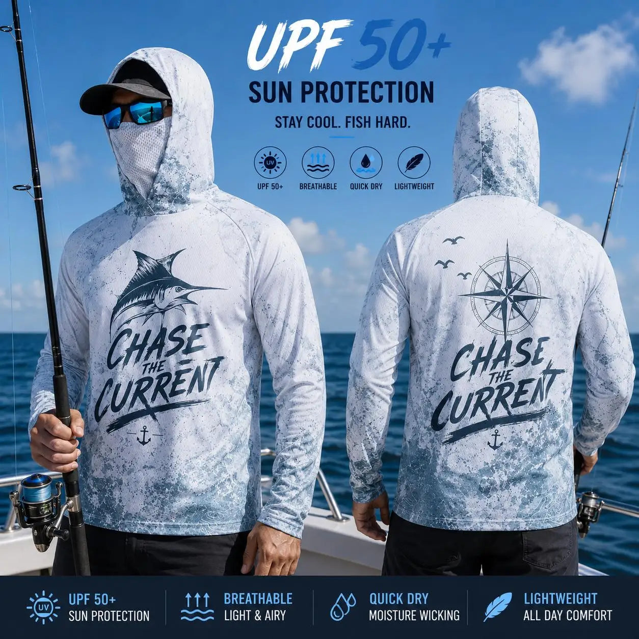 Men Fishing Hoodie Shirt Protection Long Sleeve Face Cover Quick Dry Sun Protection Fishing Jersey Performance Sailfish