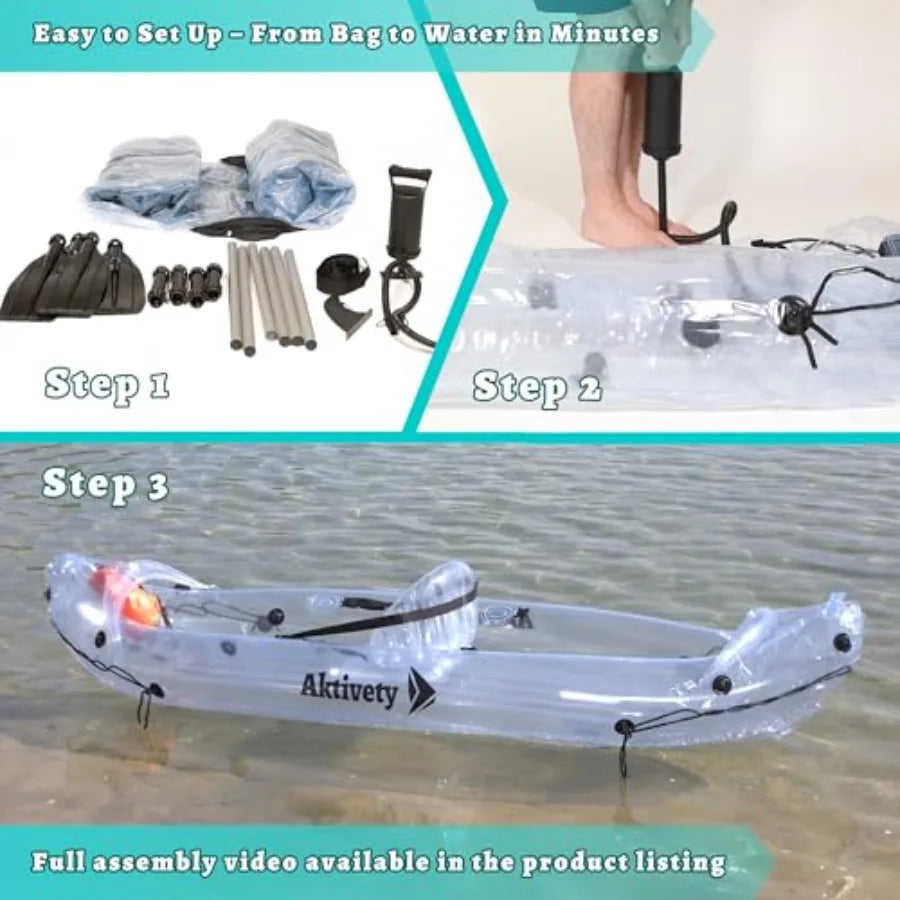 Clear Kayak for Two Adults - Transparent Inflatable Tandem with Adjustable Seats, Pump, Paddles, Carry Bag Tracking Fin - See-T