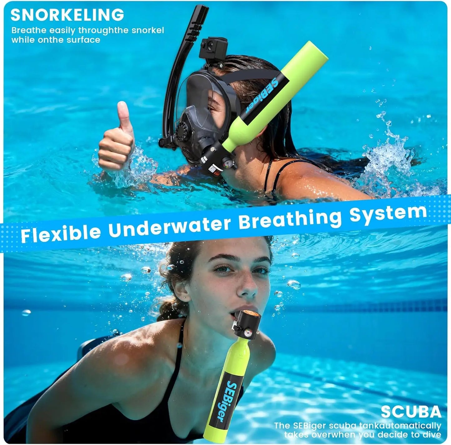 Mini Scuba Tank 0.5L with Full-Face Snorkel Mask, DOT-Certified for Underwater Breathing Support - Ideal Snorkeling Set