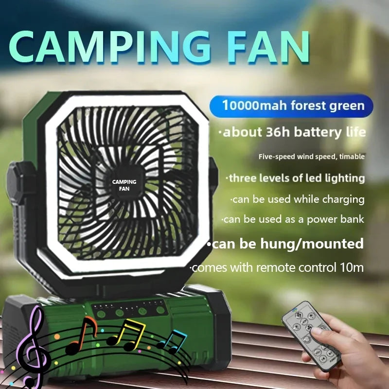 2025New Outdoor Camping Fan with Bluetooth Speaker Outdoor Ventilador Cool Air Portable Fan with Hook for Fishing and Picnicking