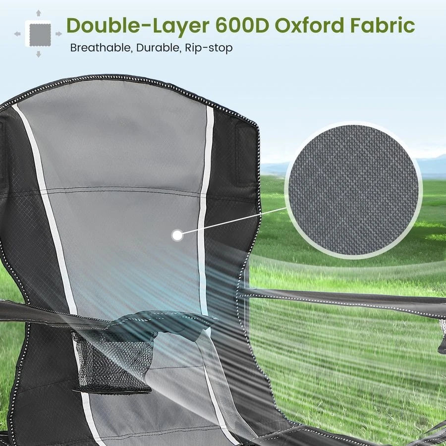 Oversized Camping Folding Chair Heavy Duty Steel Frame Support 350 LBS, Collapsible Padded Arm With Cup Holder, Quad Lumbar Back