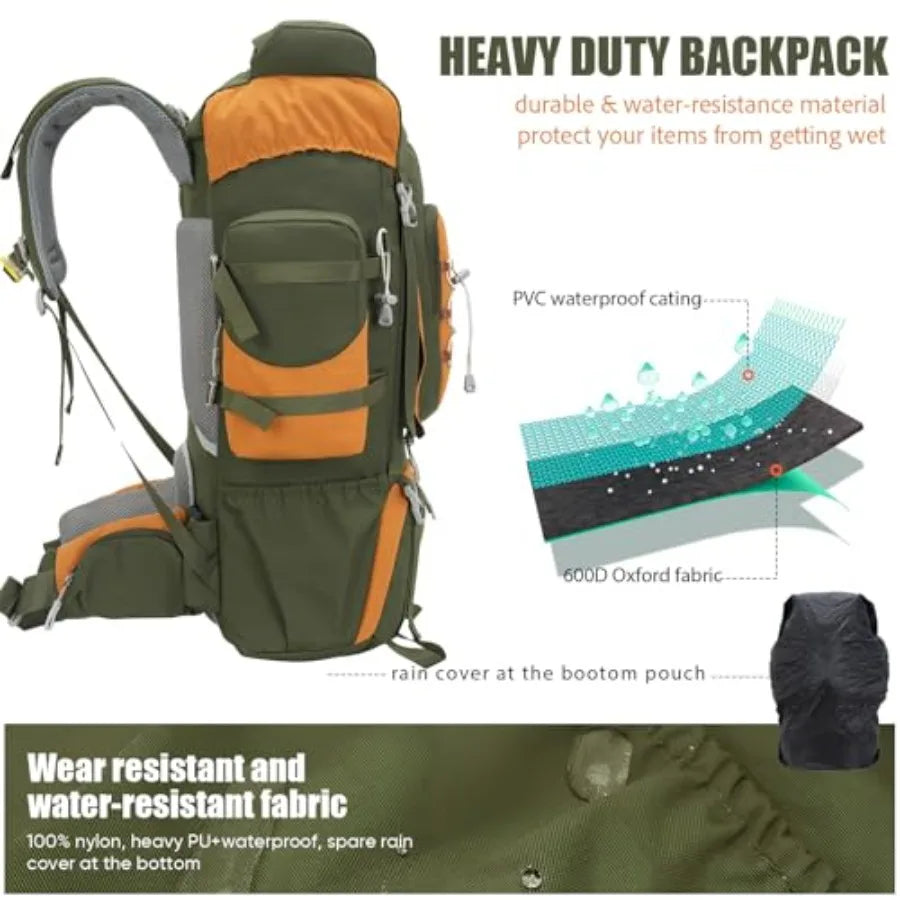 70L 65+5 Waterproof Hiking Camping Backpack with Rain Cover, Outdoor Sport Travel Daypack for Climbing Touring