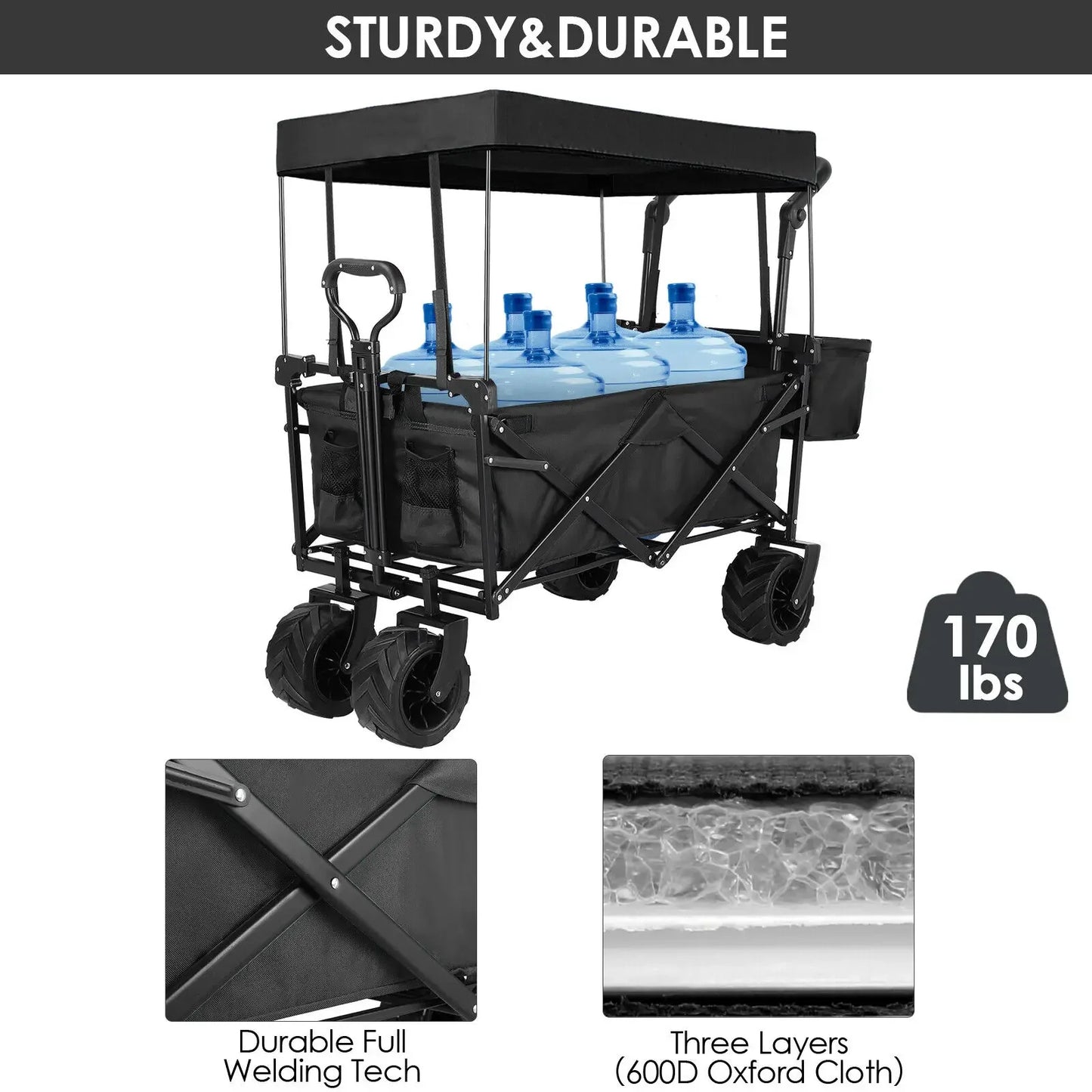 Foldable Caravan Folding Wagon Cart Garden Trolley with Detachable Canopy Portable Camping Beach Utility