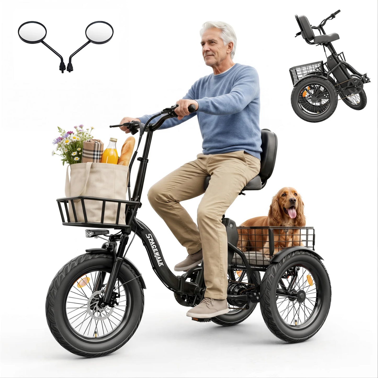 Spacewalk Electric Tricycle for Adults, Folding Trike Bike for Adults | 748.8Wh Removable Battery, Peak 1200W Motor, 18*3.0 Fat Tire, Step-Thru Electric Tricycle, Up to 60 Miles, 18MPH