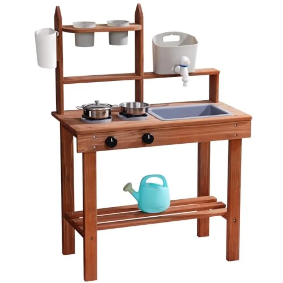 Mud Kitchen for Outdoor Wooden Outdoor Play Kitchen with Sink Faucet Stove and Cooking Accessories Fun Backyard Kitchen Playset