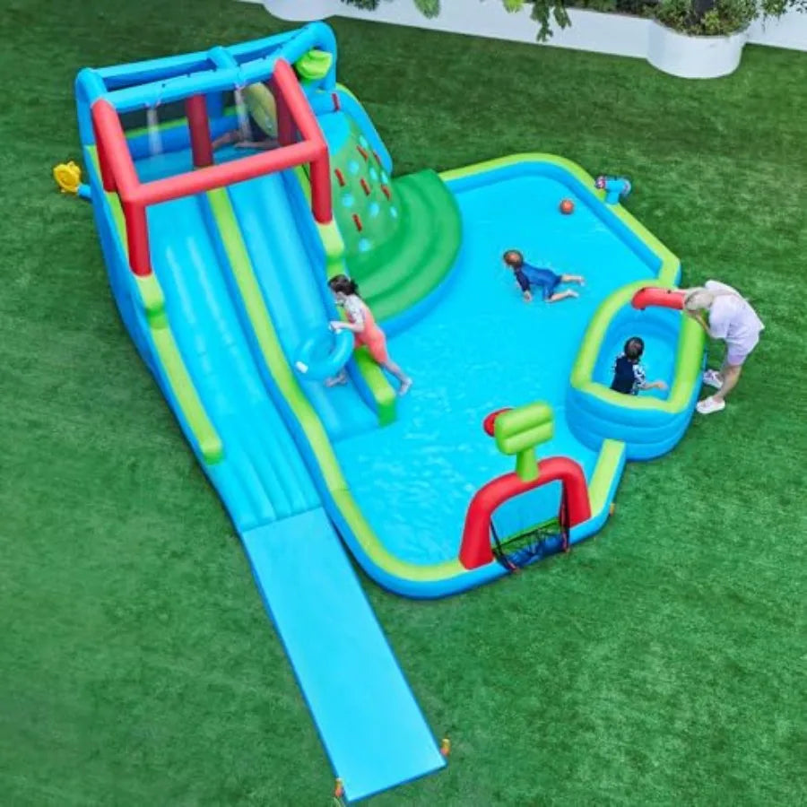 Inflatable Water Slide for backyard use, PVC material, blue and yellow color, 9-in-1 extra long combo with climbing wall, dual