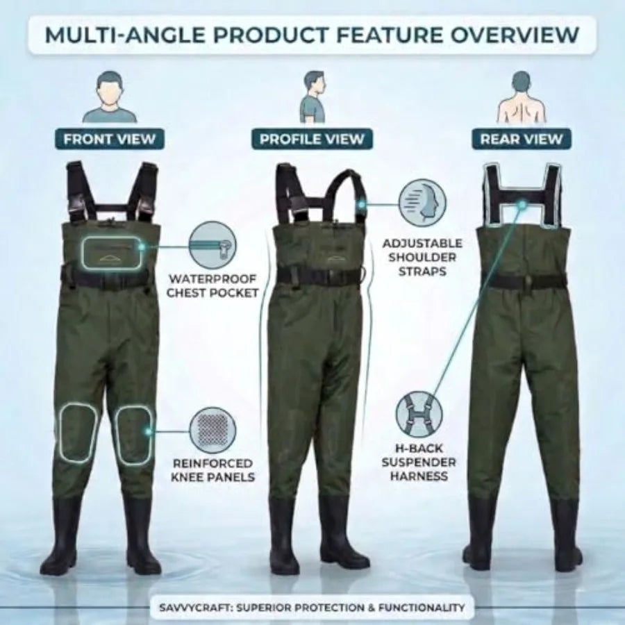 Fishing waders with boots for men and women, 700D nylon/PVC waterproof material, black, reinforced knees and 2-inch elastic adj