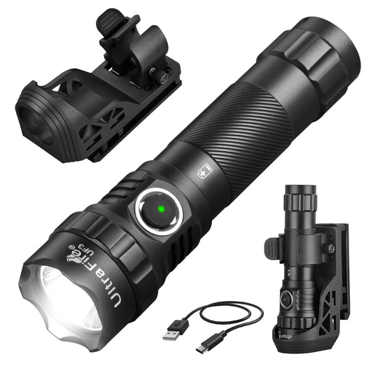 UltraFire UF3 Tactical Flashlight 1200 Lumen USB Rechargeable Powerful Police Flashlight with Holster for Home Emergency Camping