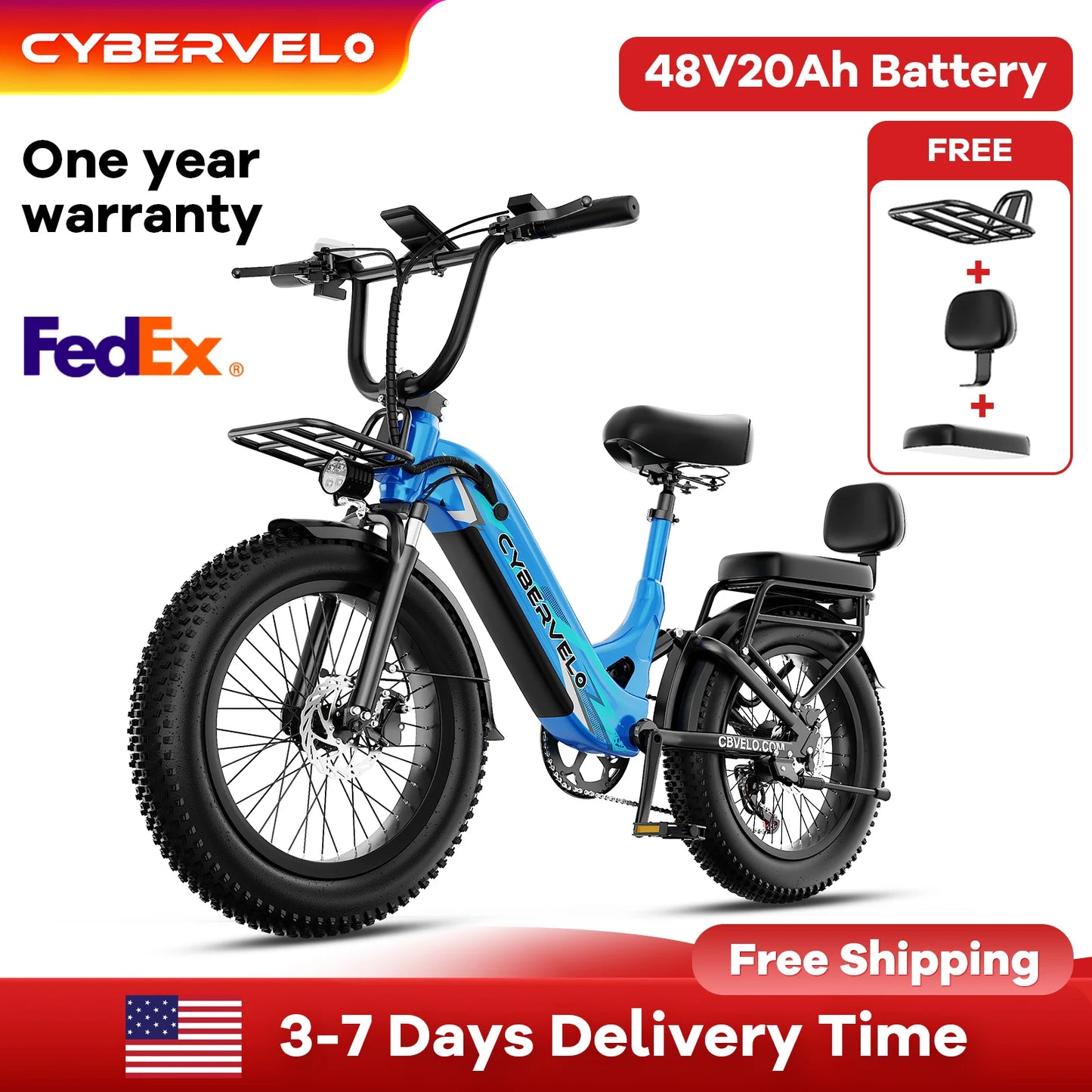 1500W Peak Step-Thru Off-road E-bike, 48V 20AH Built-in Battery , 30MPH Long Range 7-Speed Shift 20"x4.0" Fat Tire EK12&EK8