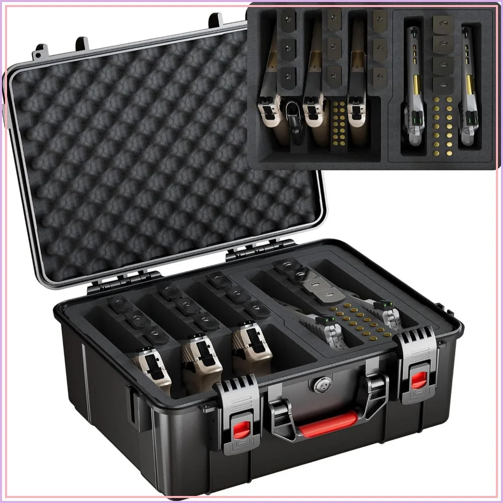 Heavy Duty 5 Pistol & 13 Magazine Case, Shockproof Waterproof Hard Gun Case for Air Travel, Pre-Cut Foam, Firearm Travel Case, Impact-Resistant Plastic