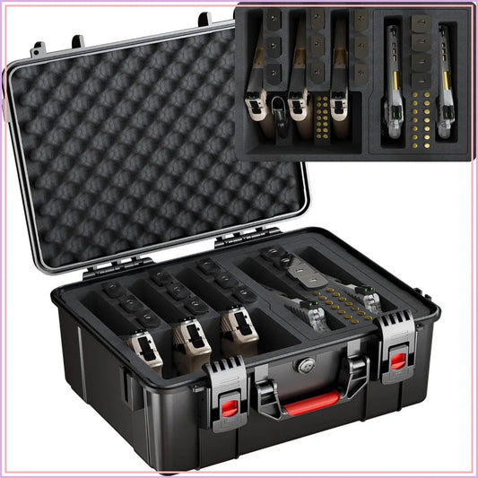 Heavy Duty 5 Pistol & 13 Magazine Case, Shockproof Waterproof Hard Gun Case for Air Travel, Pre-Cut Foam, Firearm Travel Case, Impact-Resistant Plastic