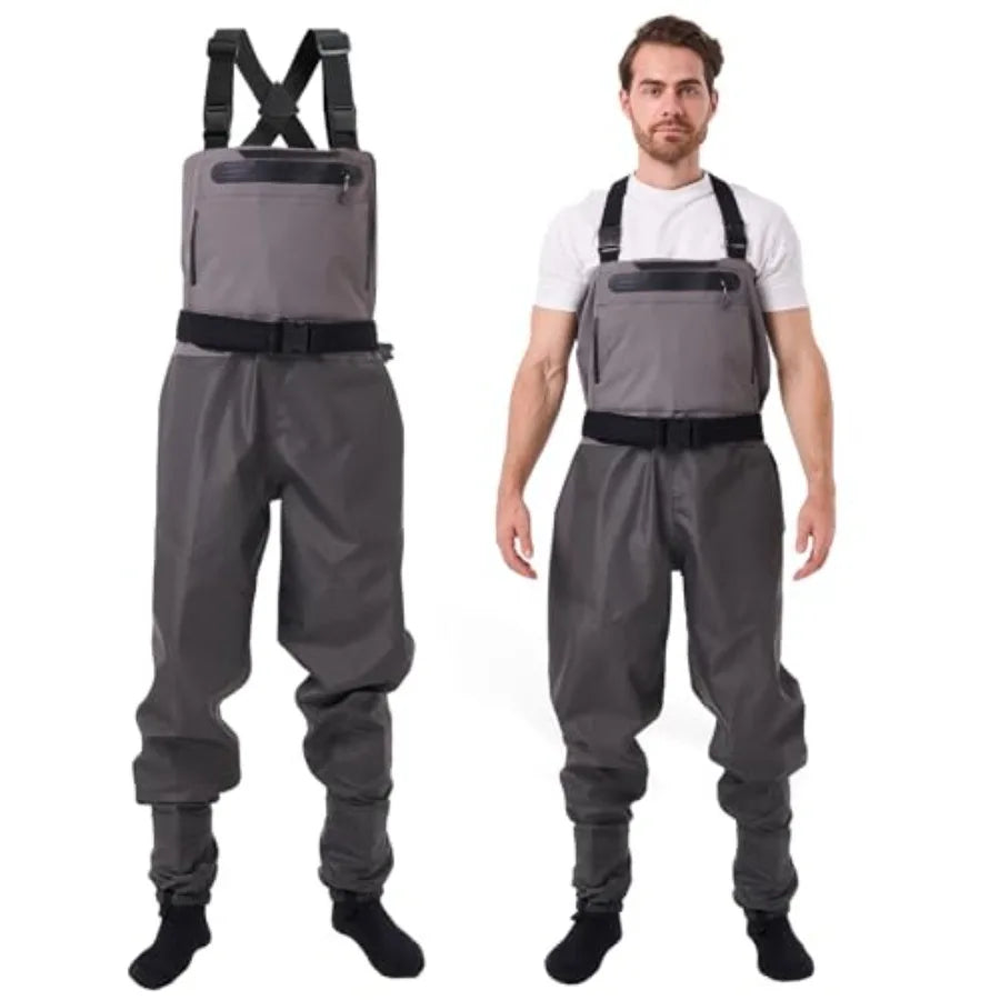 Fishing chest wader with stockingfoot, 3-ply nylon, breathable and waterproof, black, for men