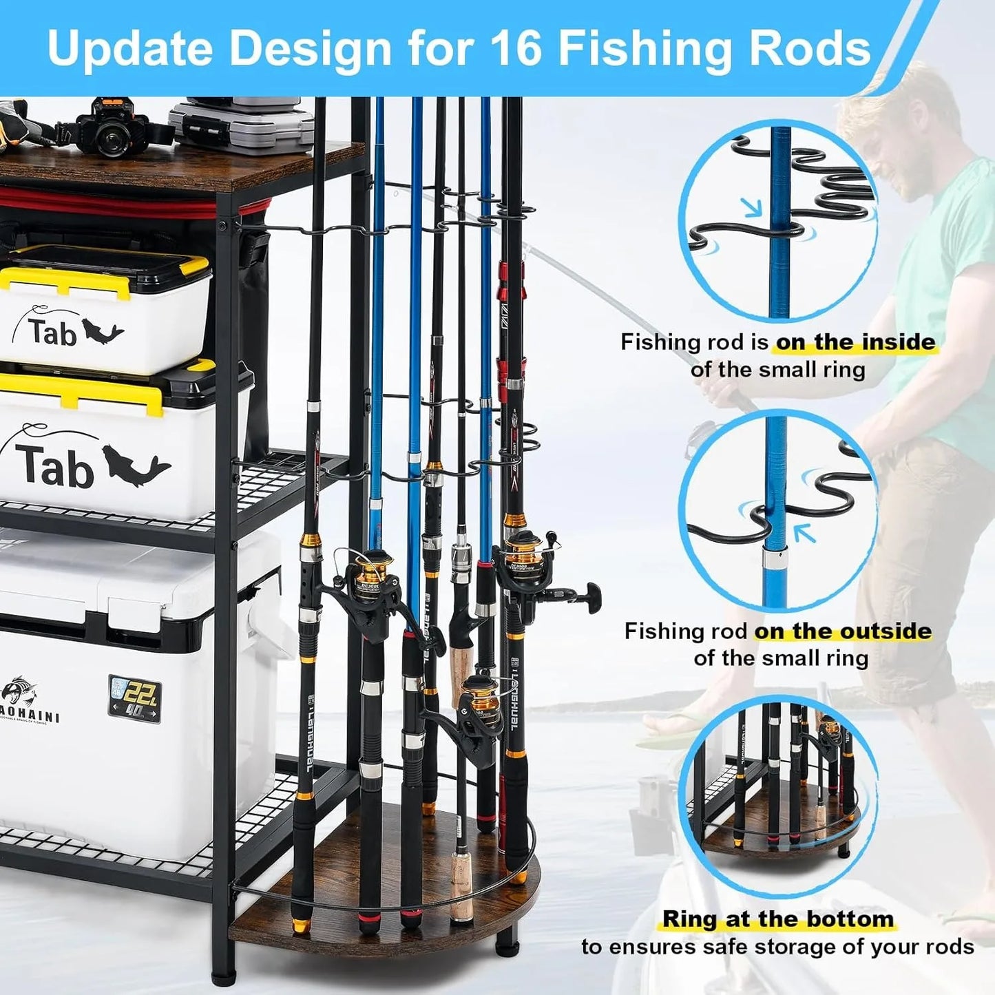 Fishing rod rack, large capacity fishing rod rack, can accommodate 24 fishing rods, fishing rod and fishing gear storage rack