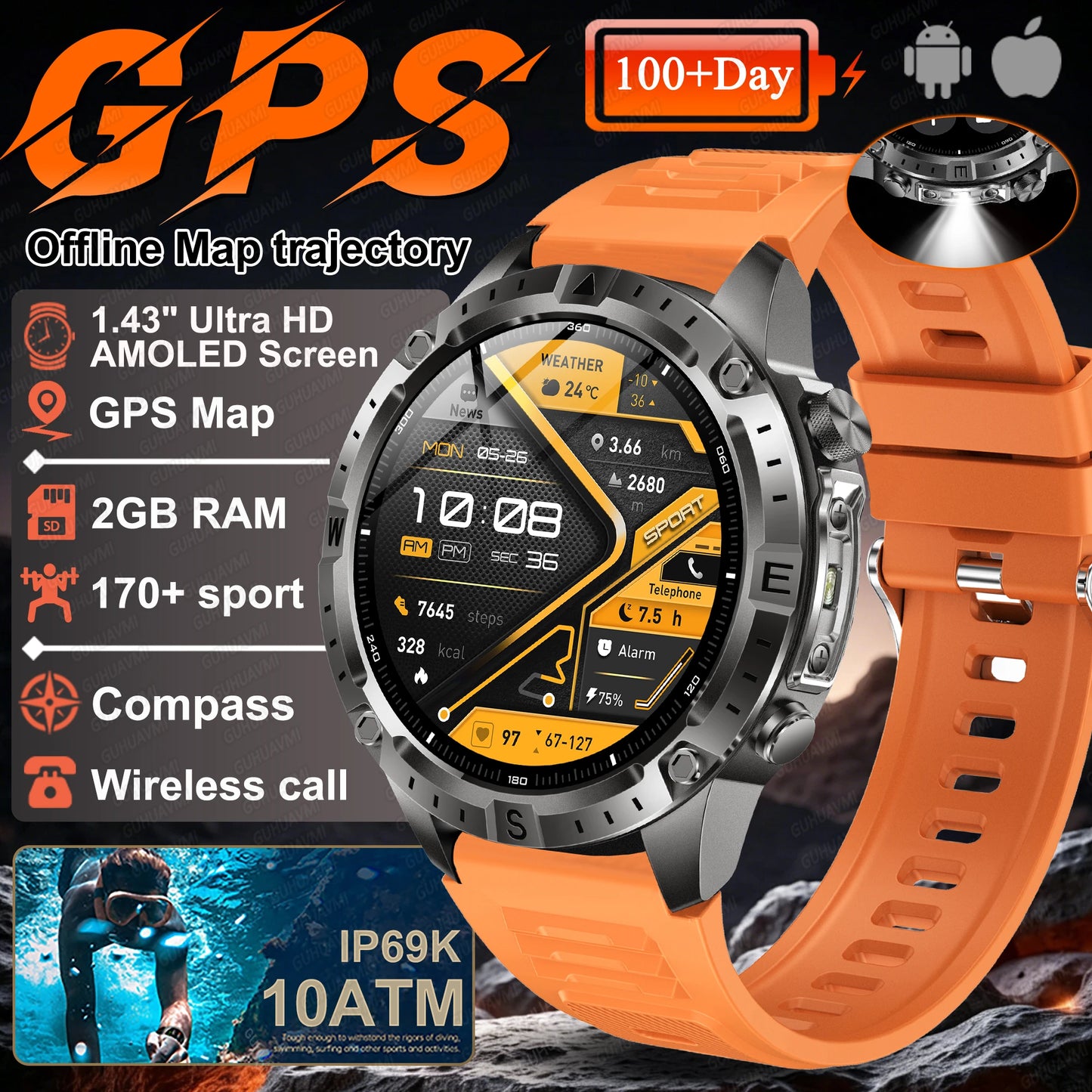 2026 NEW Outdoors Offline Map GPS Smart Watch L1+L2 Dual Band GPS Compass Cycling Run Swim Heart Rate 10ATM Military Smartwatchs
