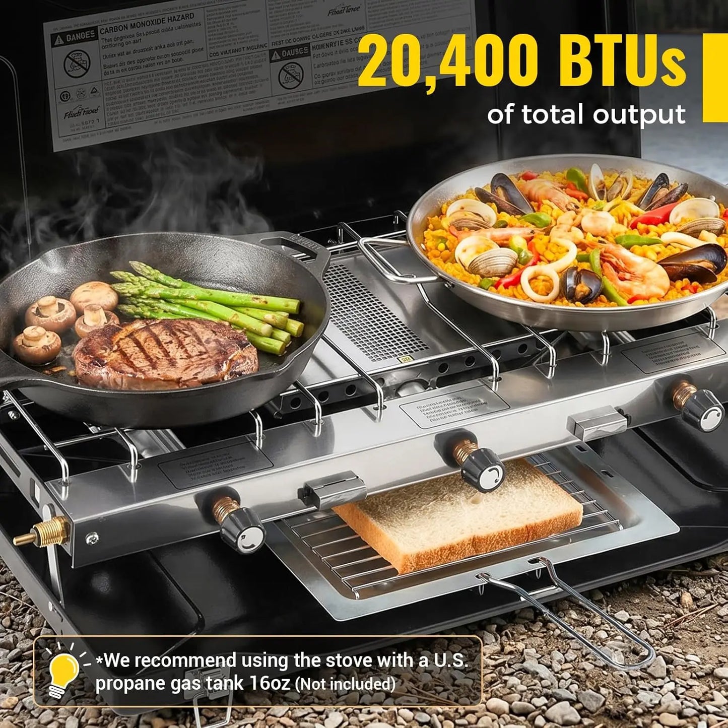 3-Burner Propane Camping Stove, 20400 BTUs, Portable with Push-Button Ignition & Wind Guards for Outdoor Cooking