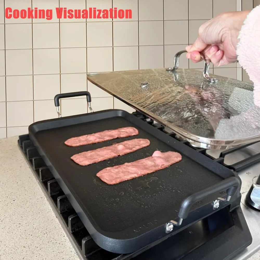 2 Burner Griddle Pan with Glass Lid, Non-Stick Aluminum, for Gas & Electric Stoves, Camping & Home