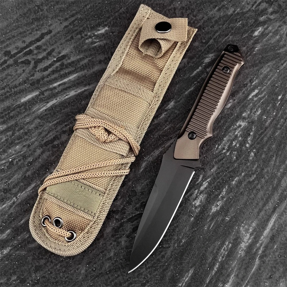 Hiking Knife Durable Black-Coated 440C Blade Aluminum Handle Brown Sheath Jungle Camping Outdoor Adventures Perfect Holiday Gift