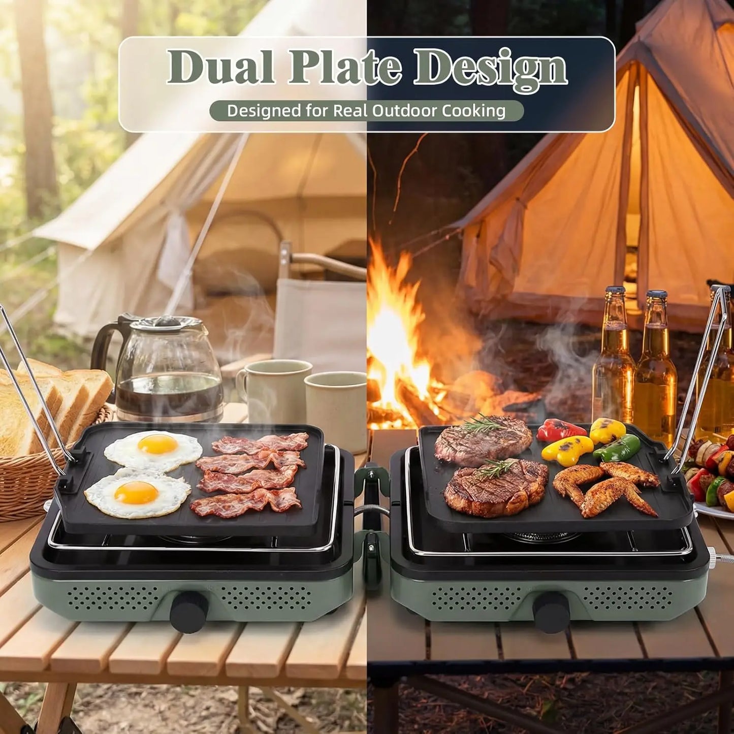2 Burner Propane Camping Stove, 30000 BTU Portable Dual Griddles with Carry Bag, Outdoor Cooking Set for Camping Gear, RV, Tailgating, Green